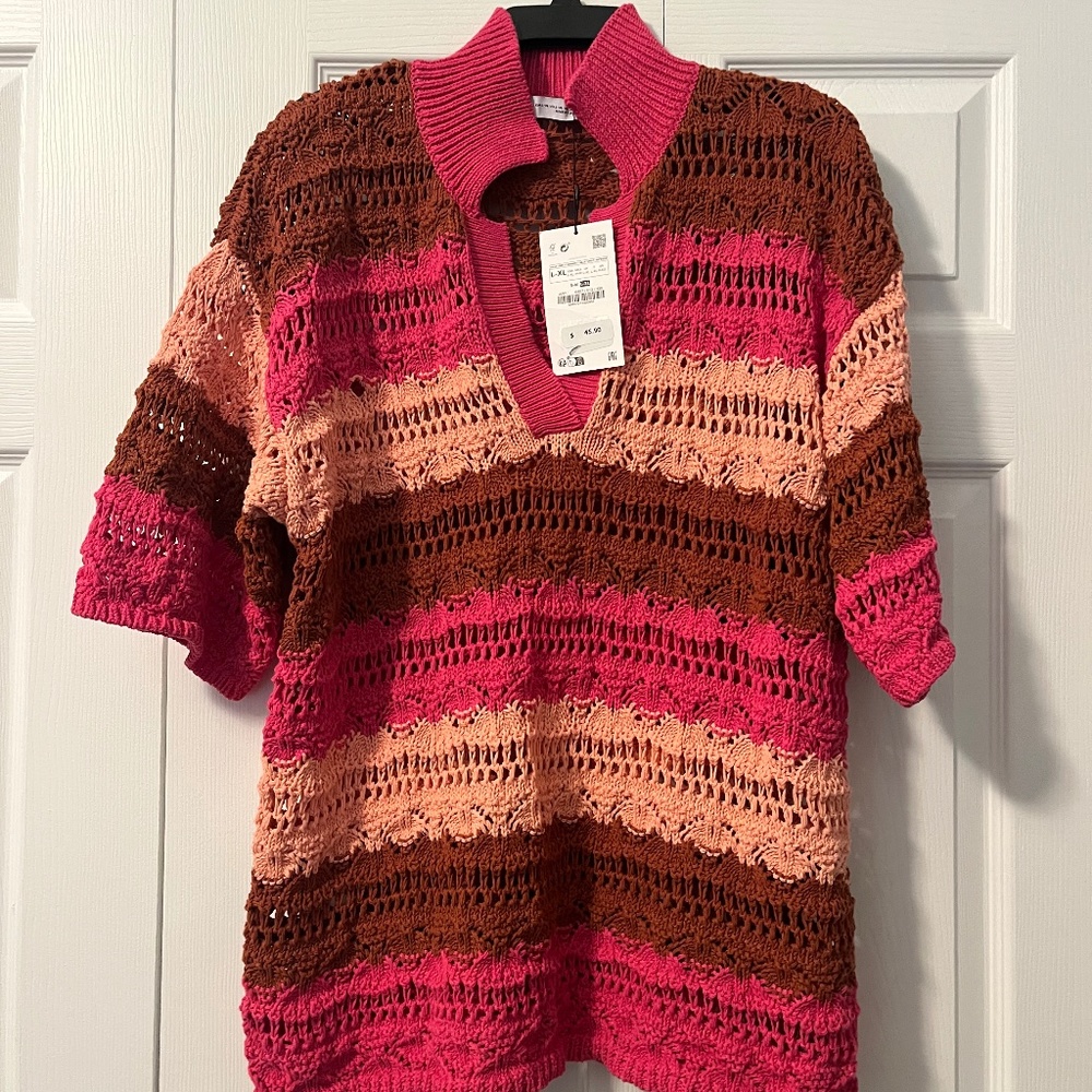 Zara Women's V-Neck Sweater - Pink and Brown
